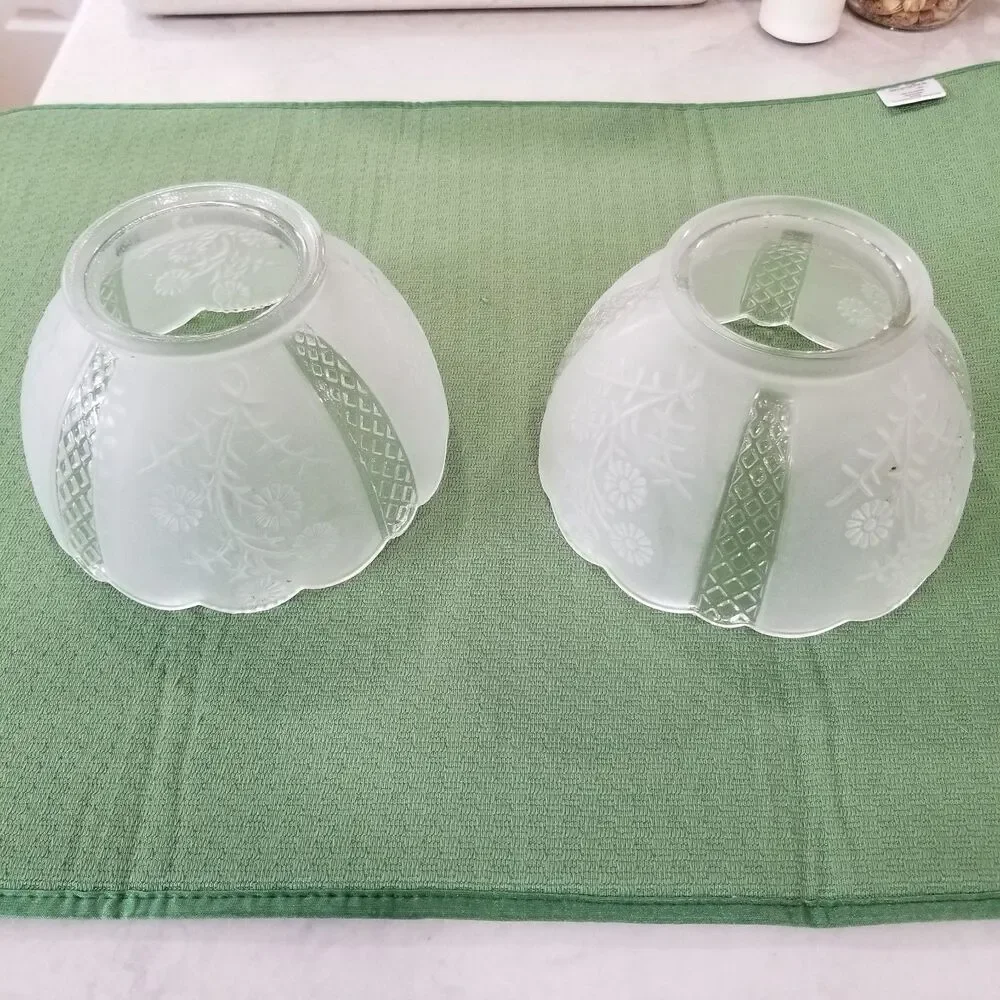 Vintage Frosted Glass Lamp Shades Pair – Floral & Diamond Pattern